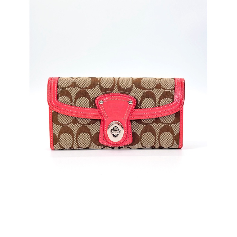 Coach Legacy Signature Slim Envelope Wallet Brown Pink Canvas Flap Turnlock